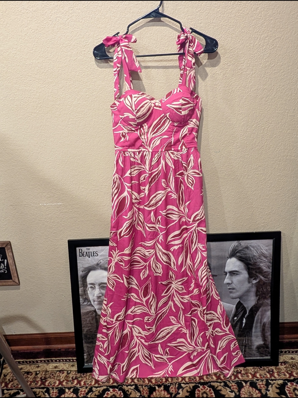 Land Of The Free Tie-Shoulder Pink Floral Maxi Dress with Cream Leaf Print